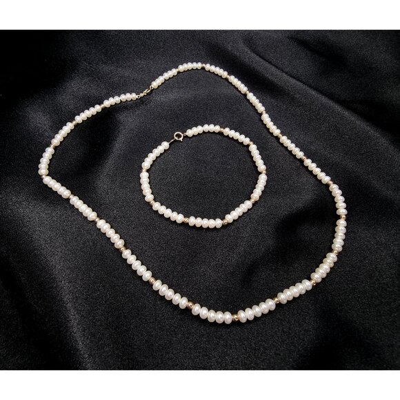 Vintage Late 90s 10K Gold Freshwater Pearl Necklace & Bracelet Set - Picture 1 of 6